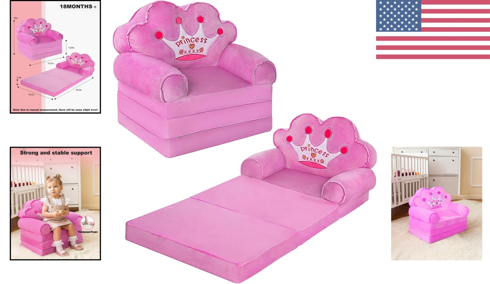 Soft Crystal Velvet Fold-Out Princess Chair - Perfect Birthday Gift for Girls