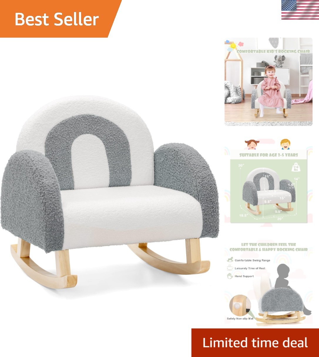 Ergonomic Toddler Rocking Chair with Solid Wood Frame - Safe & Stylish Armchair