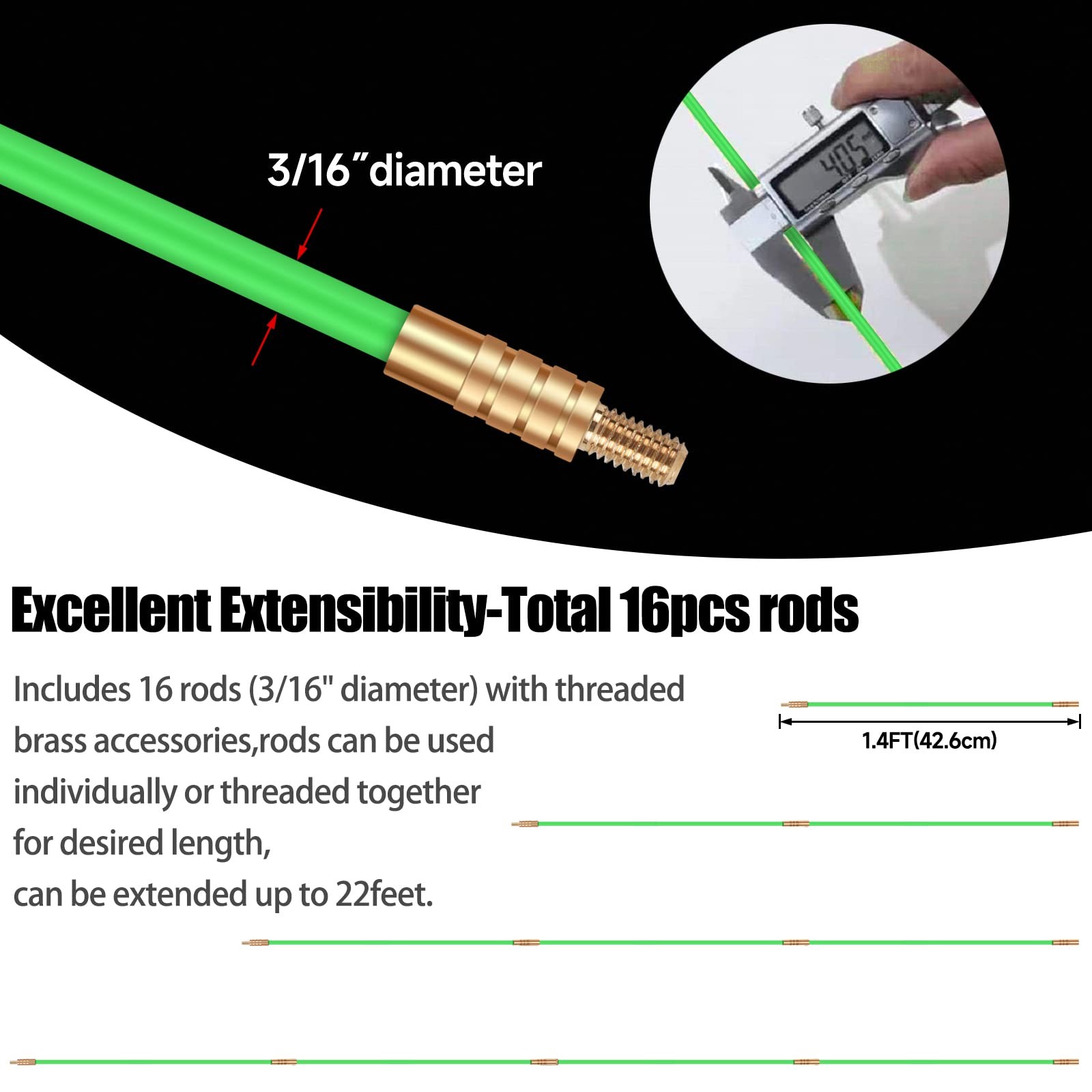 23.8FT Fiberglass Running Electrical Wire Cable Glow Rods Wire Pulling, Fish ...