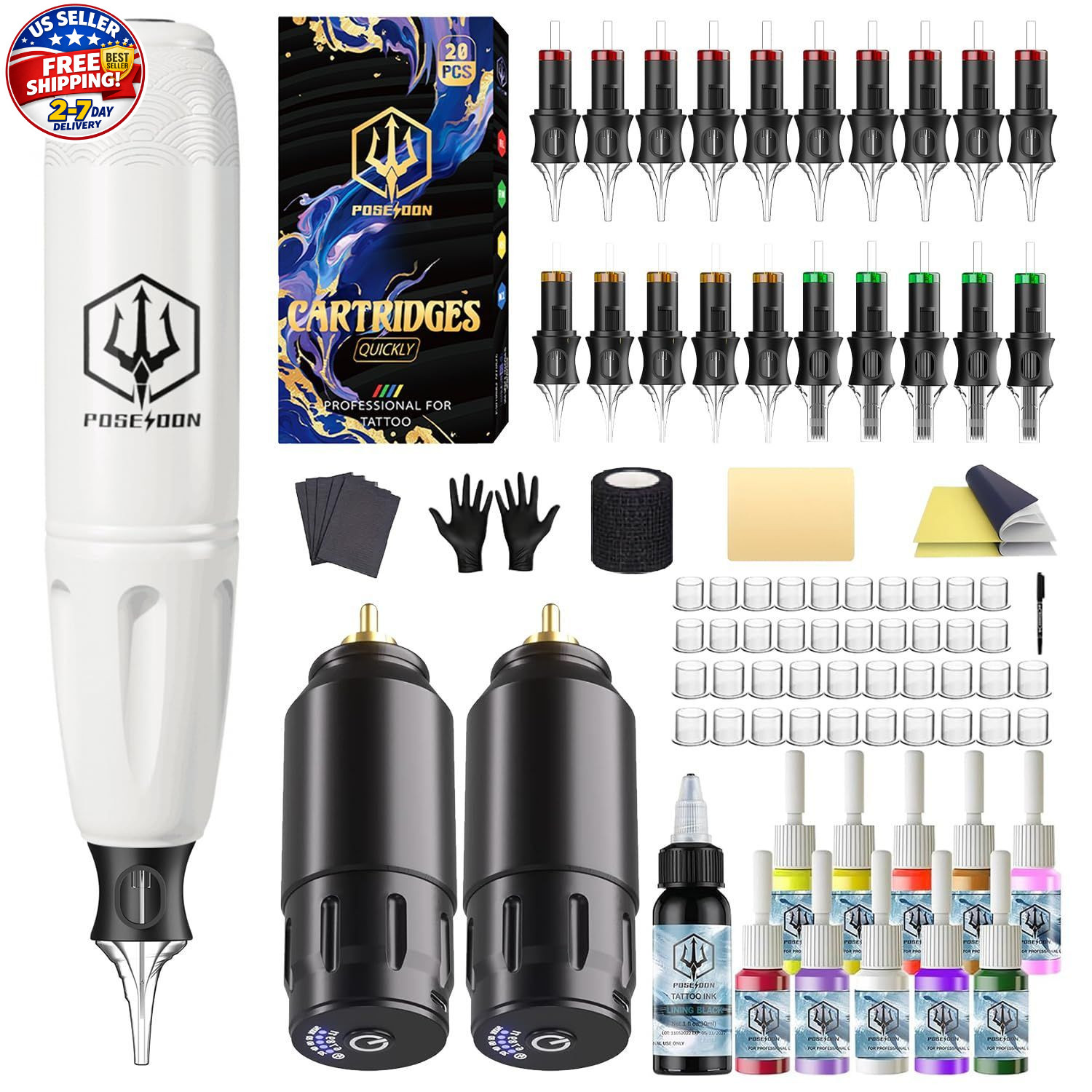 Wireless Rotary Tattoo Machine Kit with 20 Tattoo Cartridge Needles, Ink Set ...