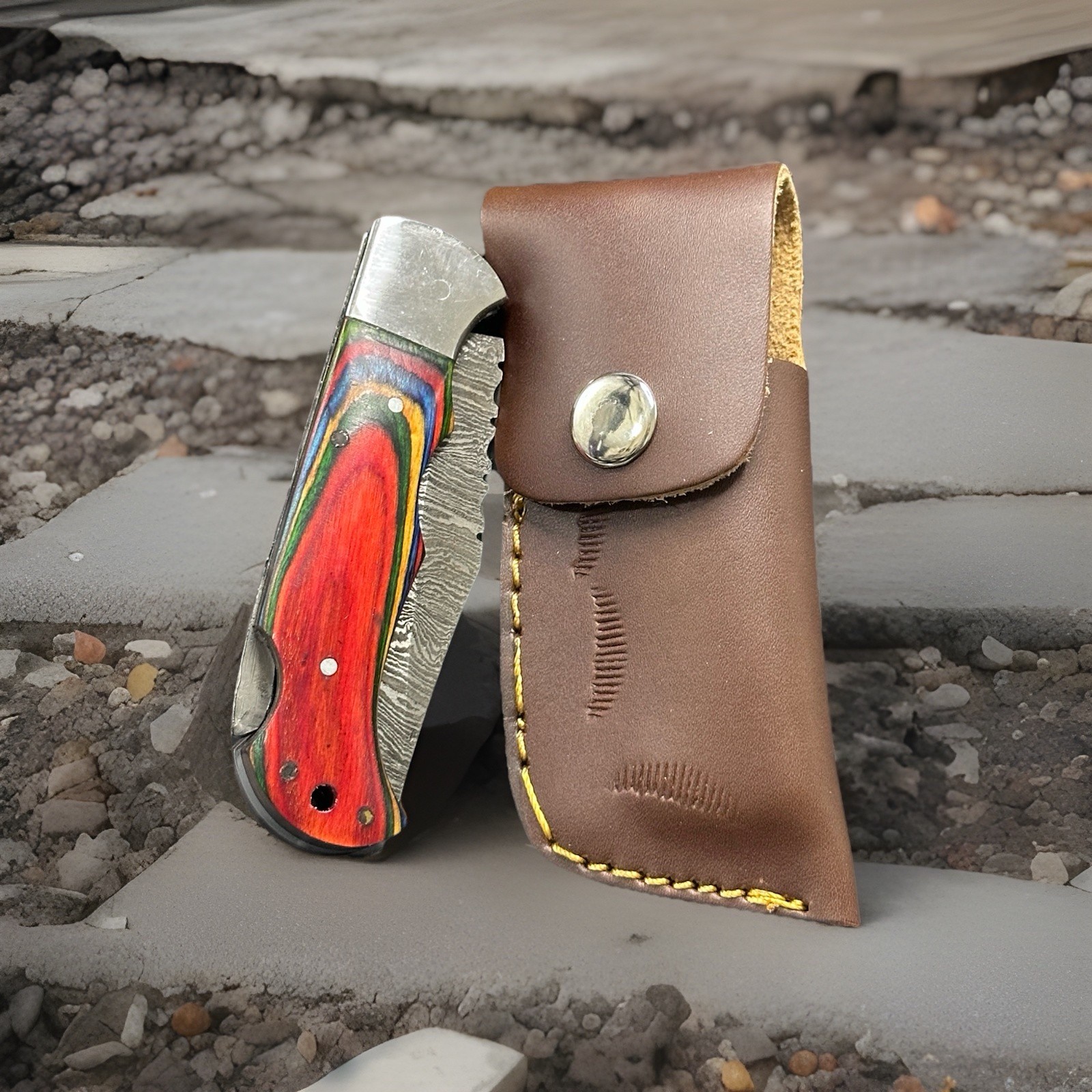 Sweet Damascus knife w/ laminated Rainbow handle & leather sheath hand made