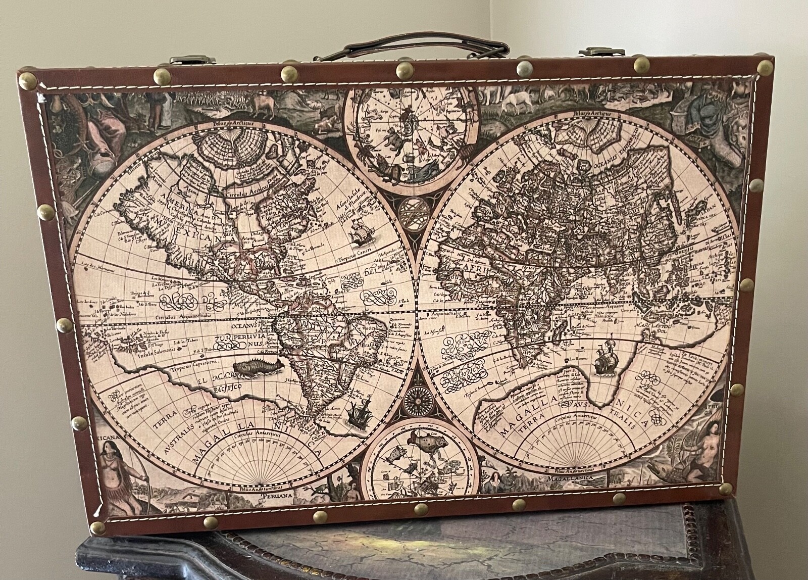 OLD WORLD MAP WOODEN SUITCASE DECOR BY FUREN WOOD INDUSTRY, 12" X 17" X 5"