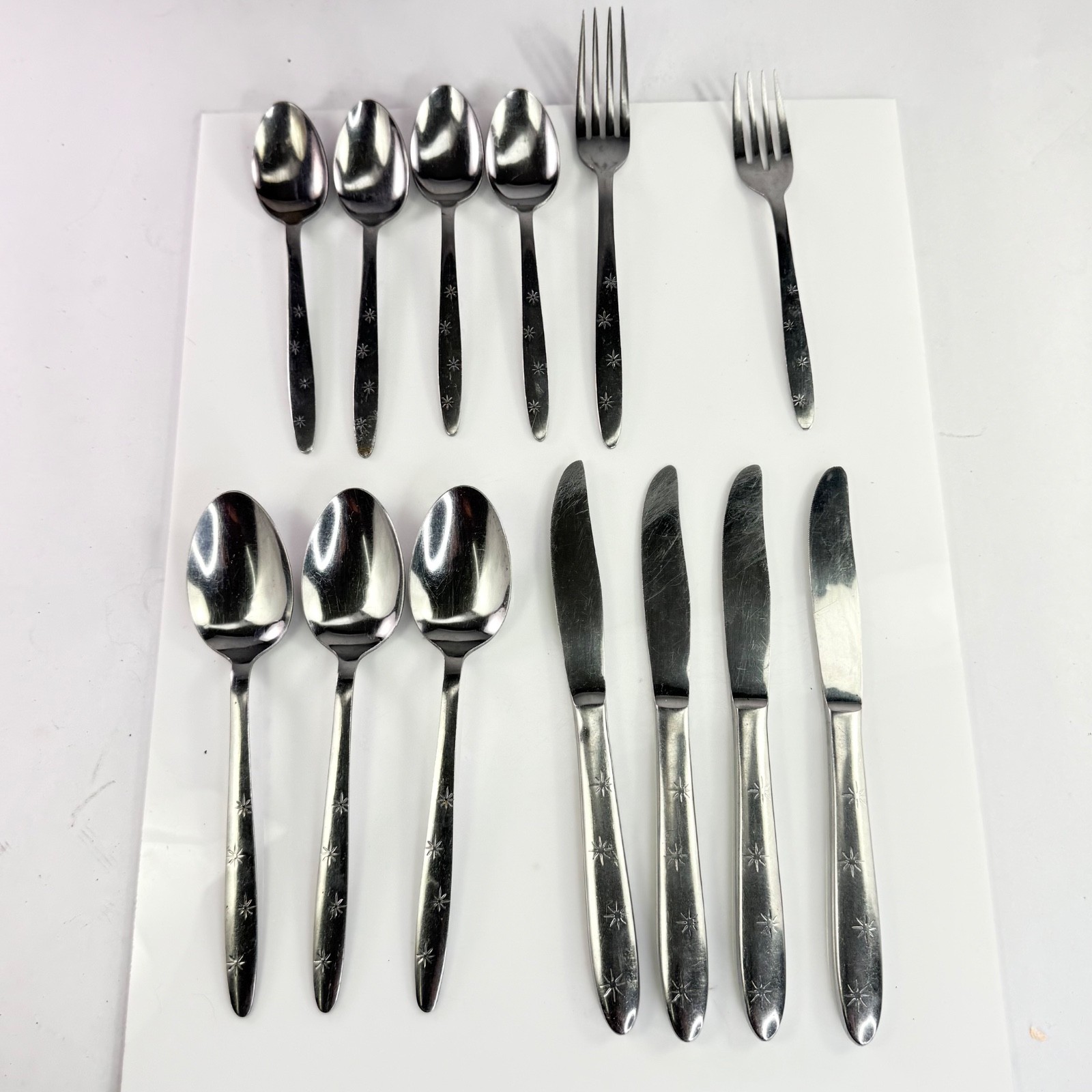 Vintage Gensico Japan Stainless Four Stars MCM Atomic Star Flatware 13 Pc Lot