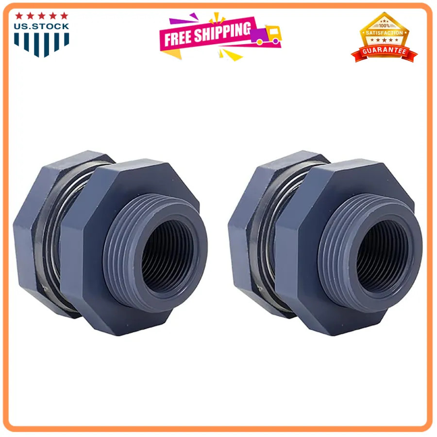 2 Pack 3/4 Inch PVC Bulkhead Fitting for Water Tank Rain Barrel NPT Thread