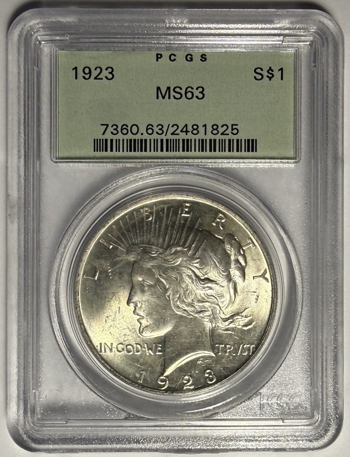 1923 Peace Dollar $1 PCGS MS63 ‼️IN OGH & STRONG CARTWHEEL LUSTER‼️
