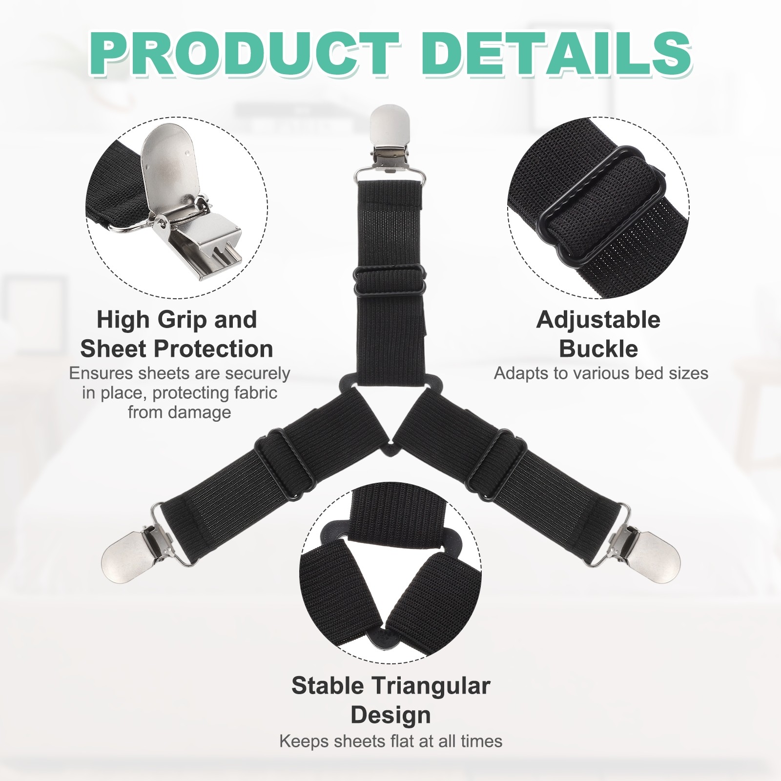 8Pcs Bed Sheet Holder Straps Elastic Adjustable, Black