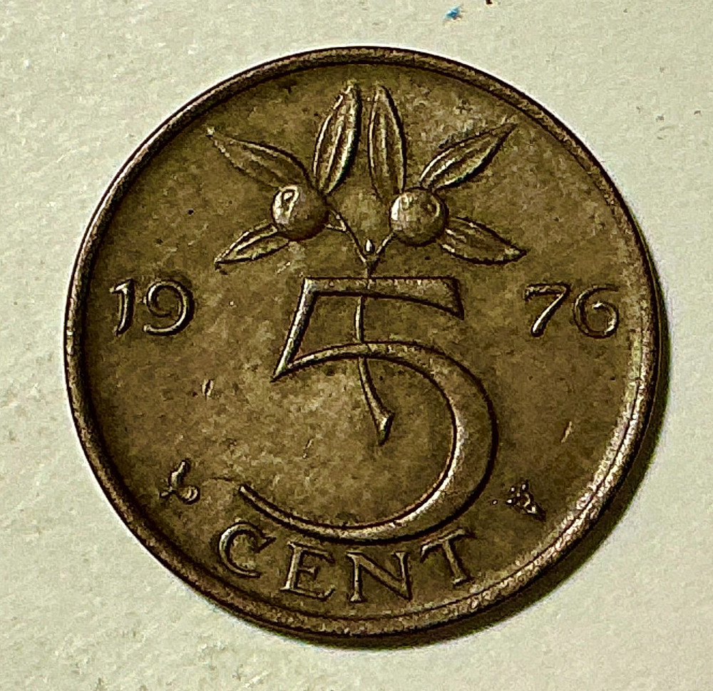 1976 Netherlands 5 Cents - Queen Juliana - KM# 181 - Bronze Stuiver - Dutch Coin