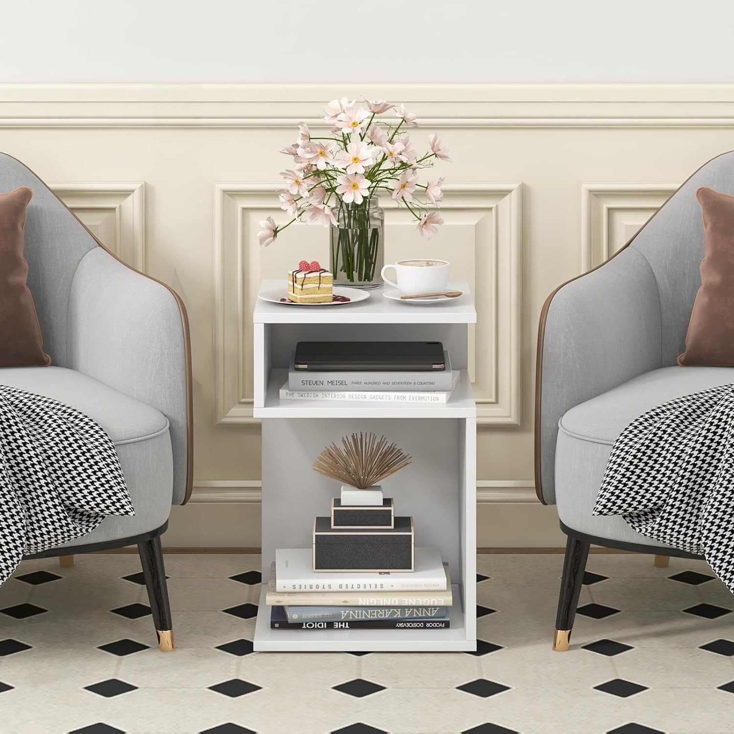 HOMGX S-Shaped End Table, 3-Tier Side Table w/ 2 Open Storage Compartments & ...