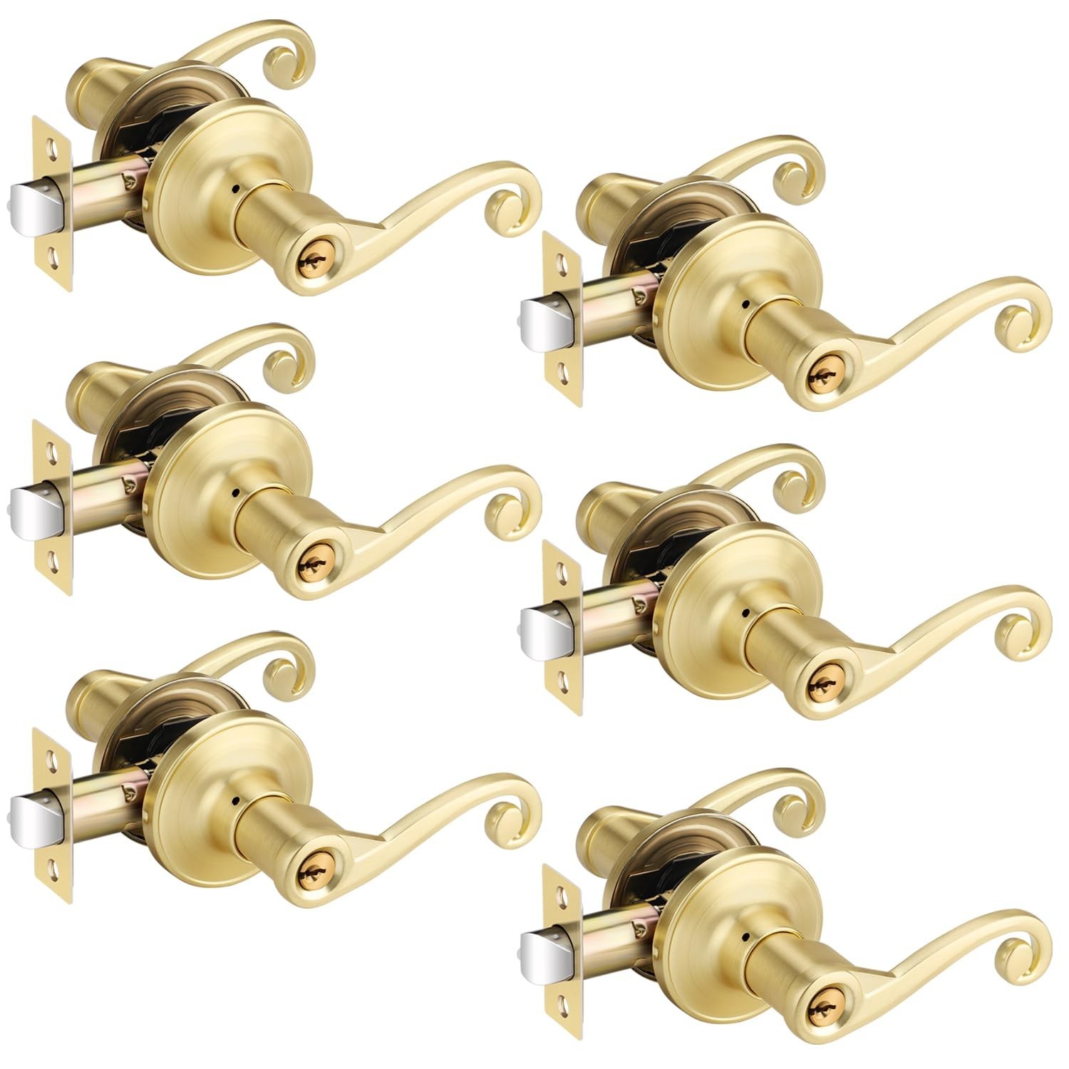 6 Pack Gold Door Lever, Wave Style Entrance Door Handle | Keyed Alike, Use fo...