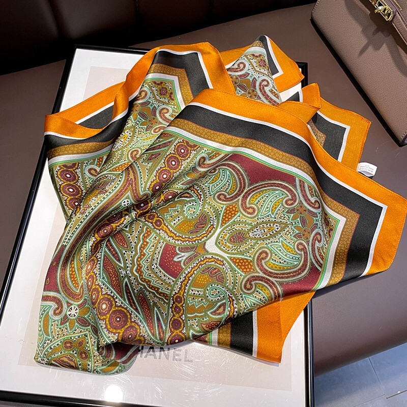 100% Mulberry Silk 27" Square Scarf Women Neckerchief Wrap Green Orange Paisley