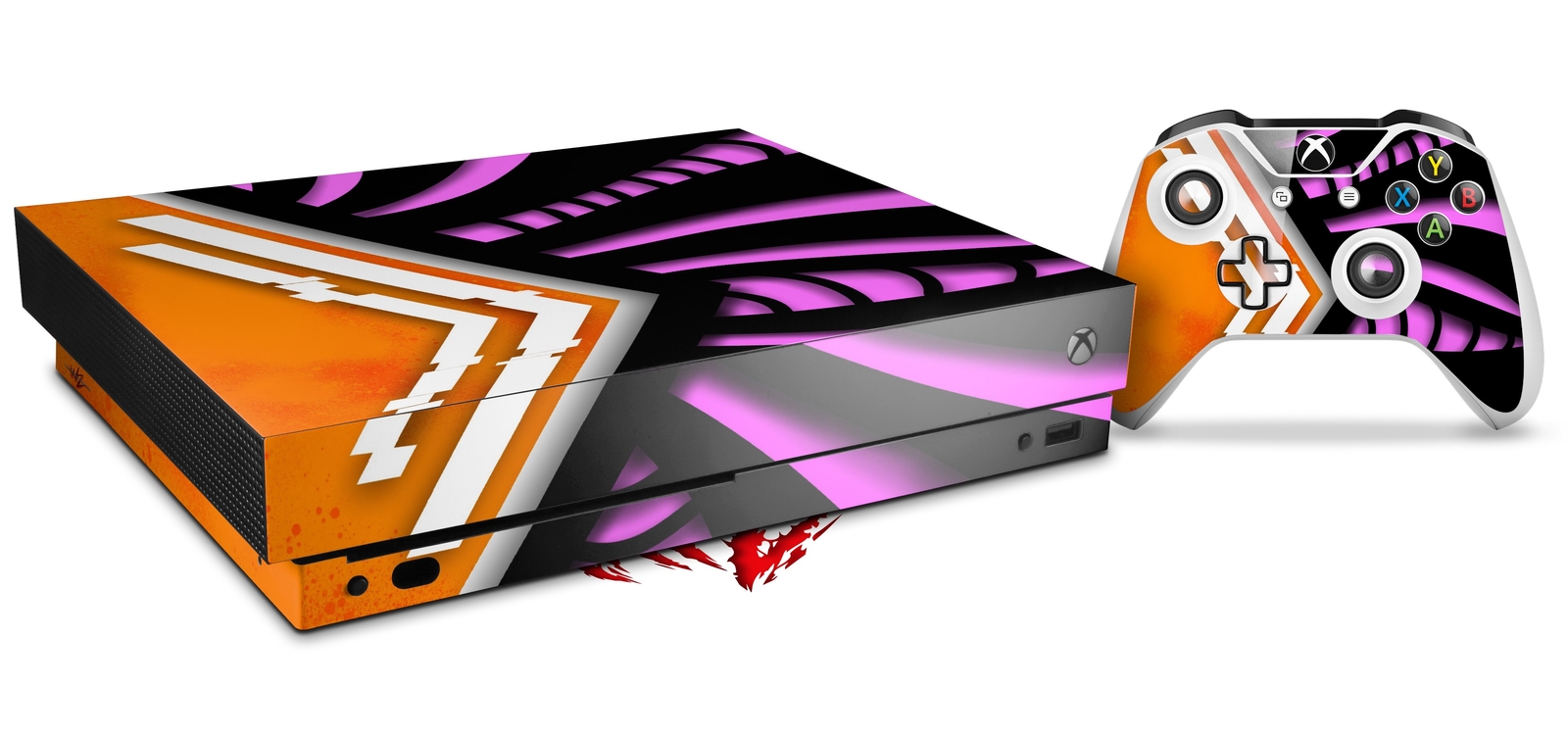 Skin for XBOX One X Console Controller Black Waves Orange Hot Pink Decal