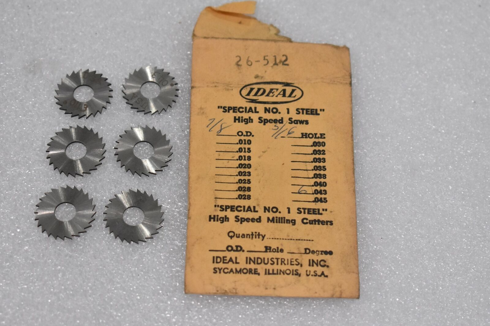 IDEAL 26-512 STEEL HIGH SPEED MILLING CUTTERS 7/8" O.D. 5/16" HOLE .043 LOT OF 6