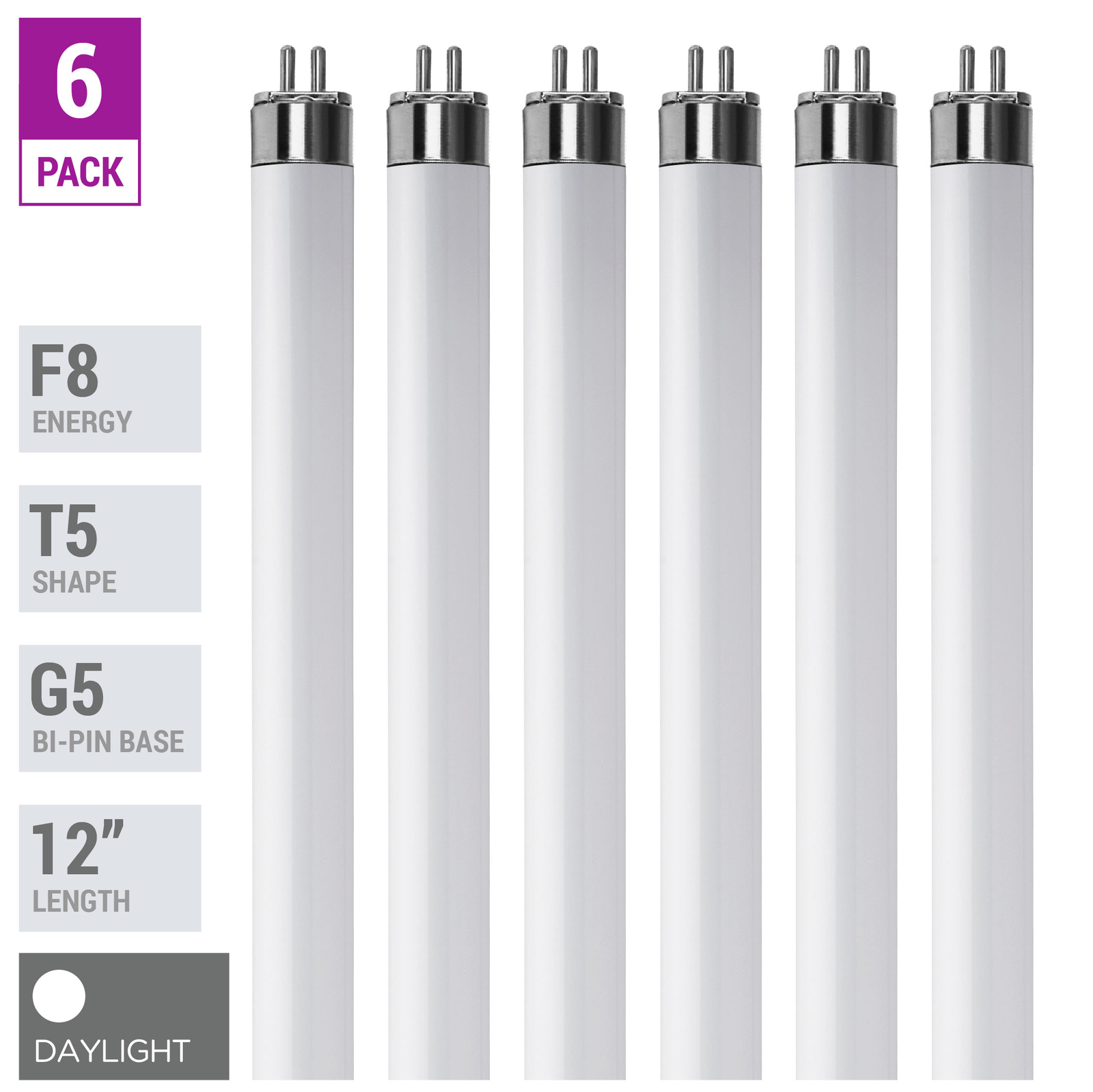 6 Pack F8T5 D 65K Fluorescent Tube 12" 8W Watt T5 Mini Bi 2-Pin G5 Daylight
