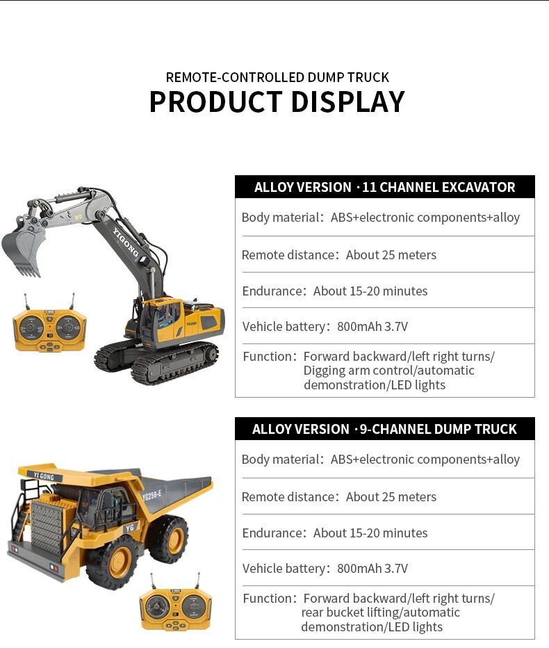 2.4G 9/11CH RC Excavator Bulldozer Construction Toys Remote Control Crawler