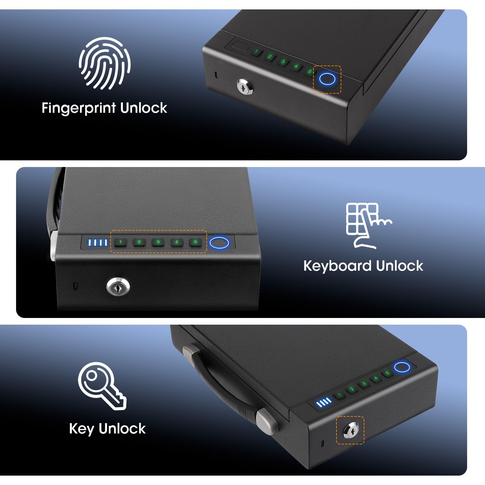 Biometric Fingerprint Safe for Handgun, 3 Quick Access Methods, with Fingerpr...