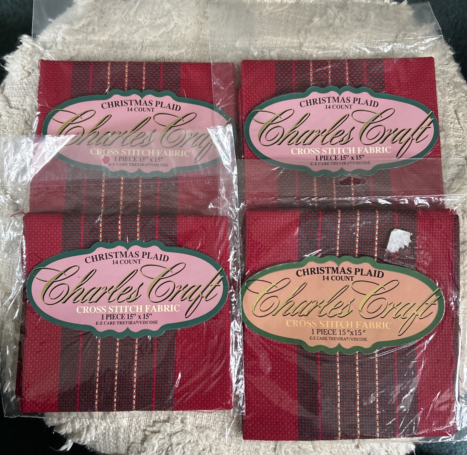 4 NIP 14 Count Charles Craft 15” Square Napkins Rich Cranberry For Cross Stitch