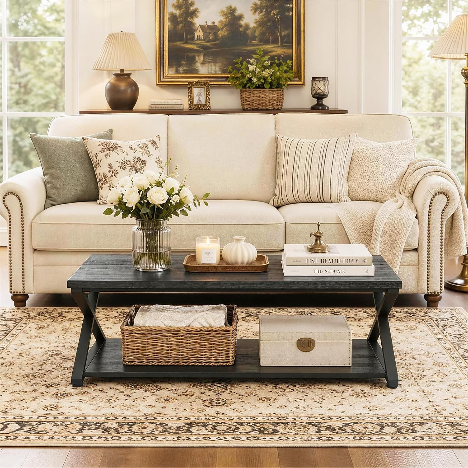 Coffee Table for Living Room, 2 Tier Rectangular Tea Table, Industrial Center Ta