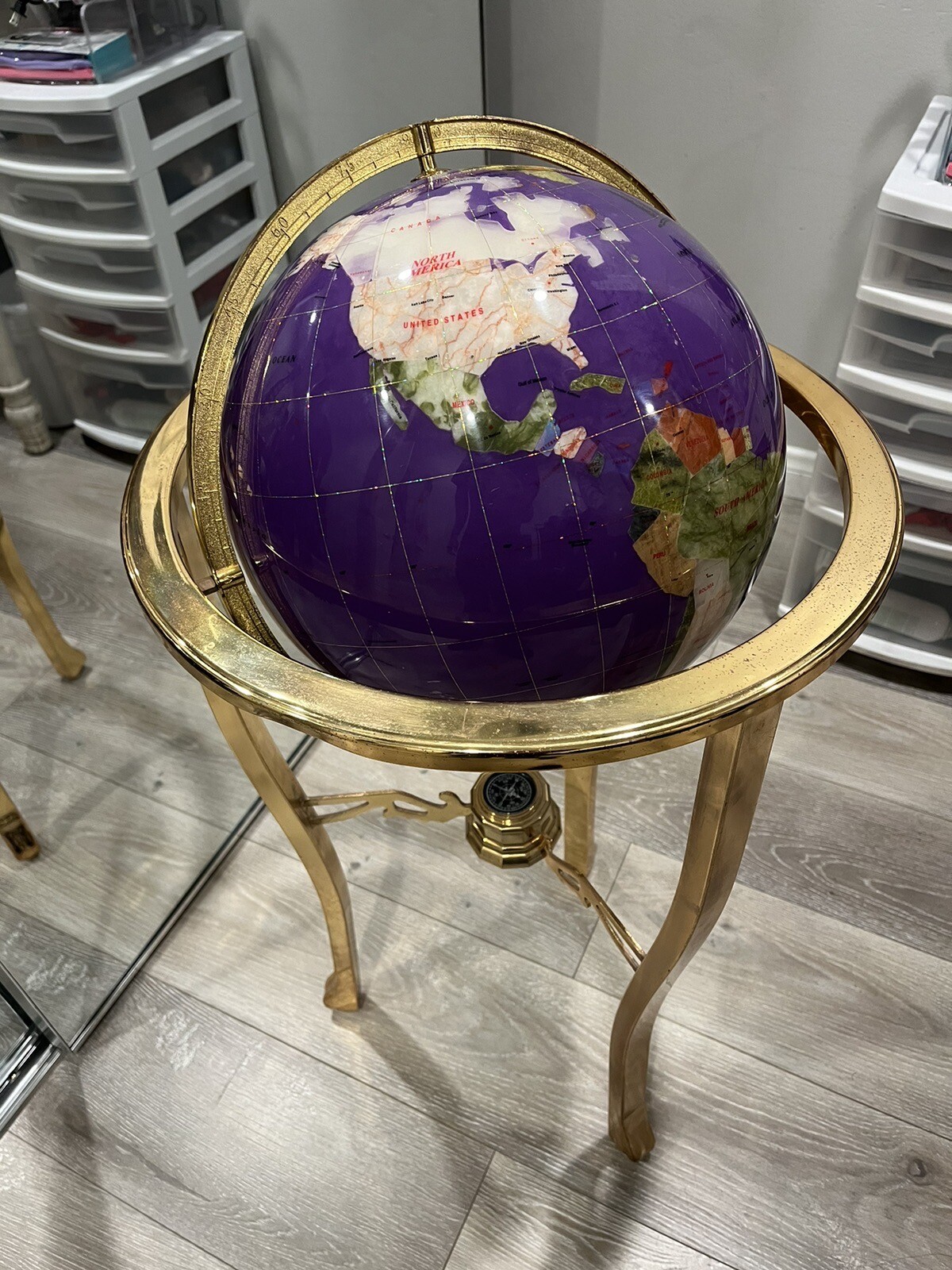 Unique Art Standing purple Gemstone World Globe Gold Tripod 36’ X 13’