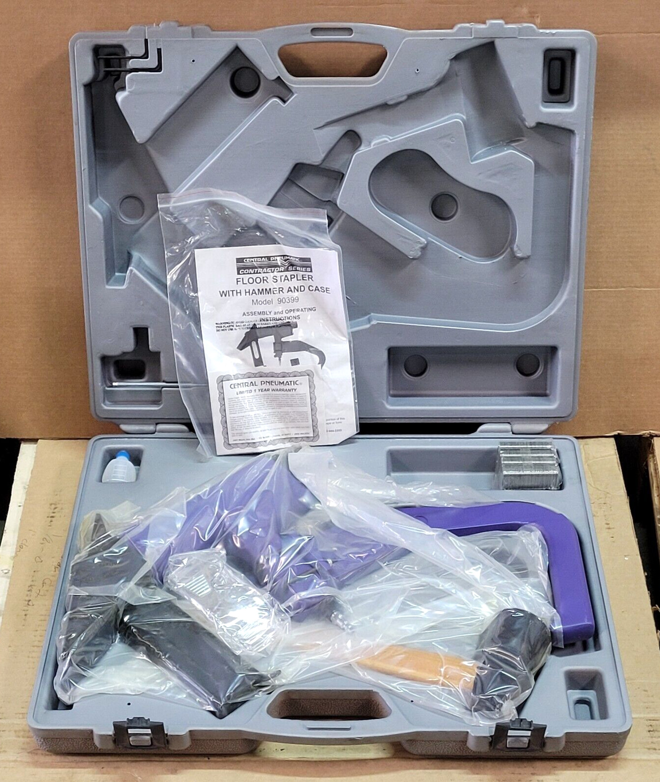 CENTRAL PNEUMATIC MODEL 90399 FLOOR STAPLER WITH HAMMER AND CASE