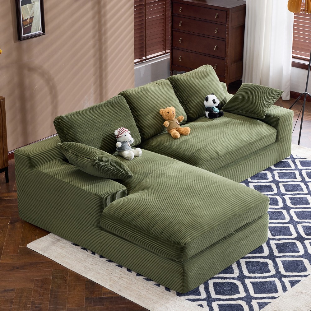 Green Corduroy Sofa w/ Back Cushions & Throw Pillows, Medium-Soft Foam Seat
