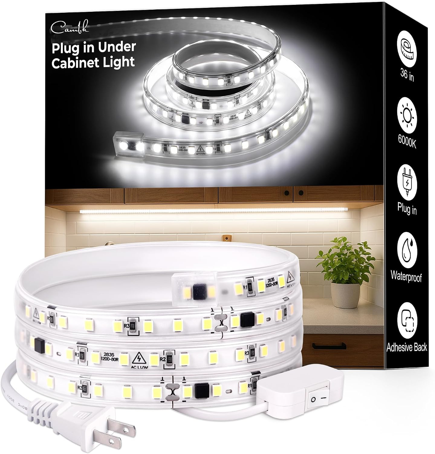 36" LED Under Cabinet Light 6000K White Plug In Kitchen Counter Shelf Strip 120V
