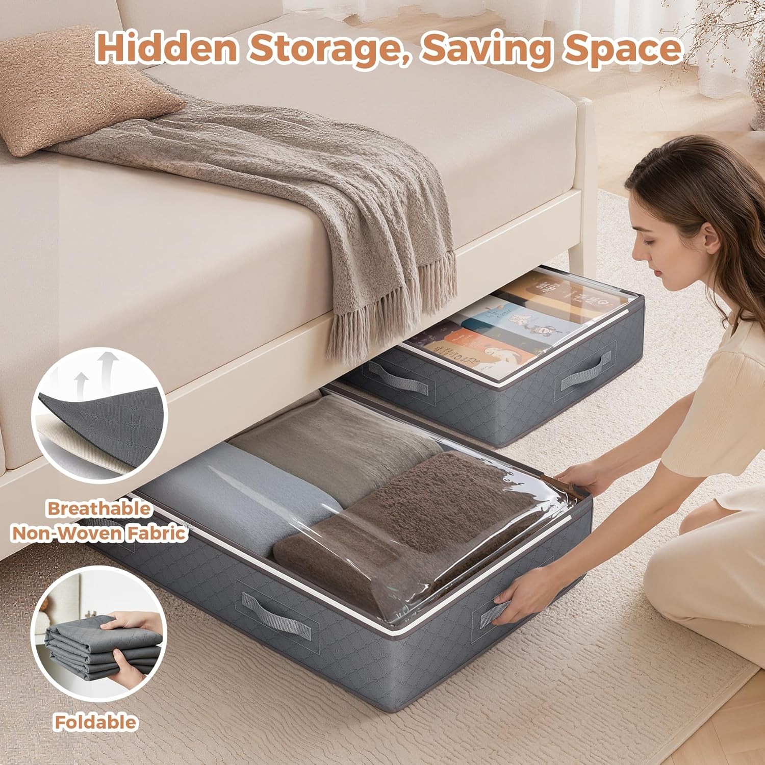 90L Under Bed Storage Containers, 4 Pack Closet Organizers Grey | Foldable un...