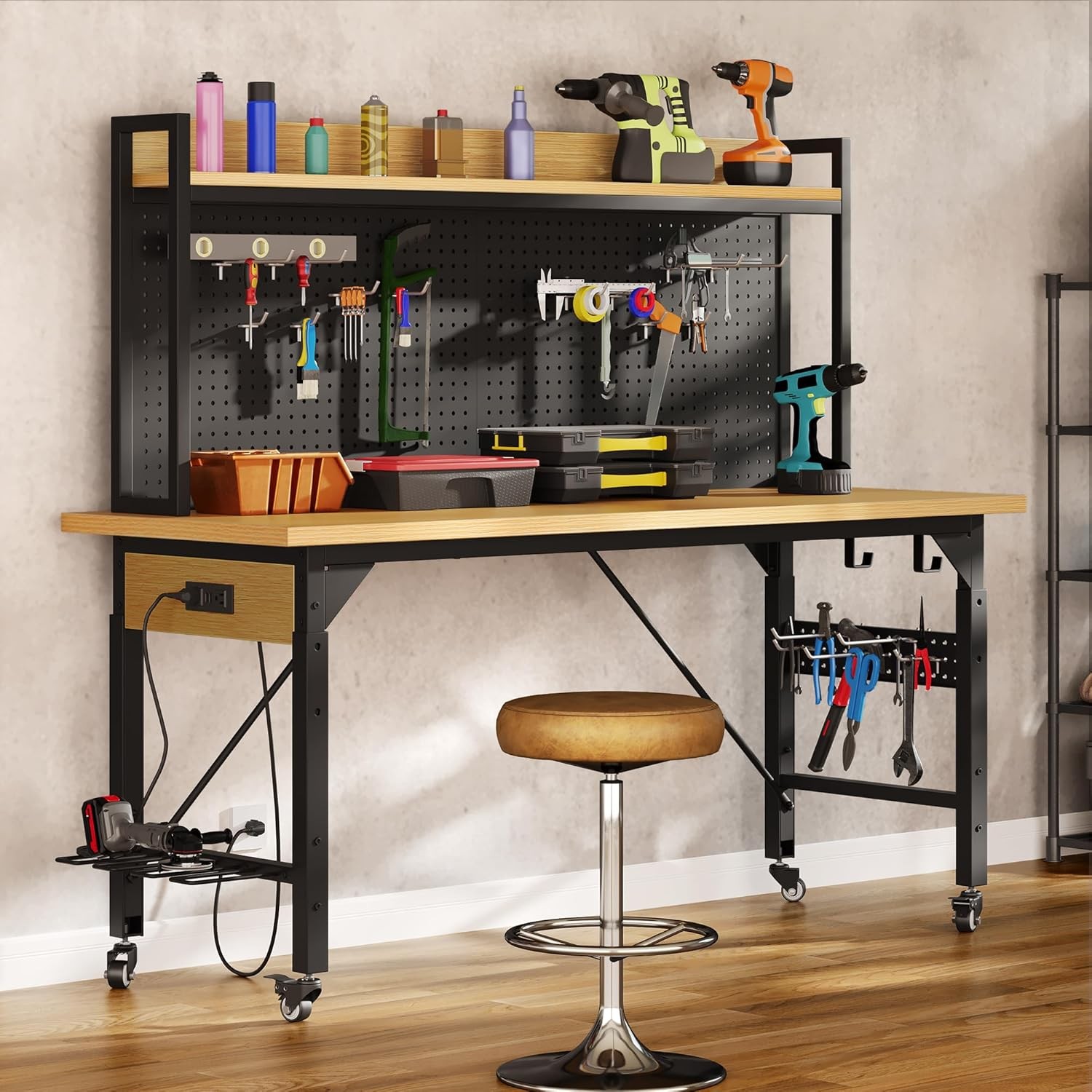 48" Adjustable Workbench with Pegboard Wheels 1600 LB Capacity Rolling Work