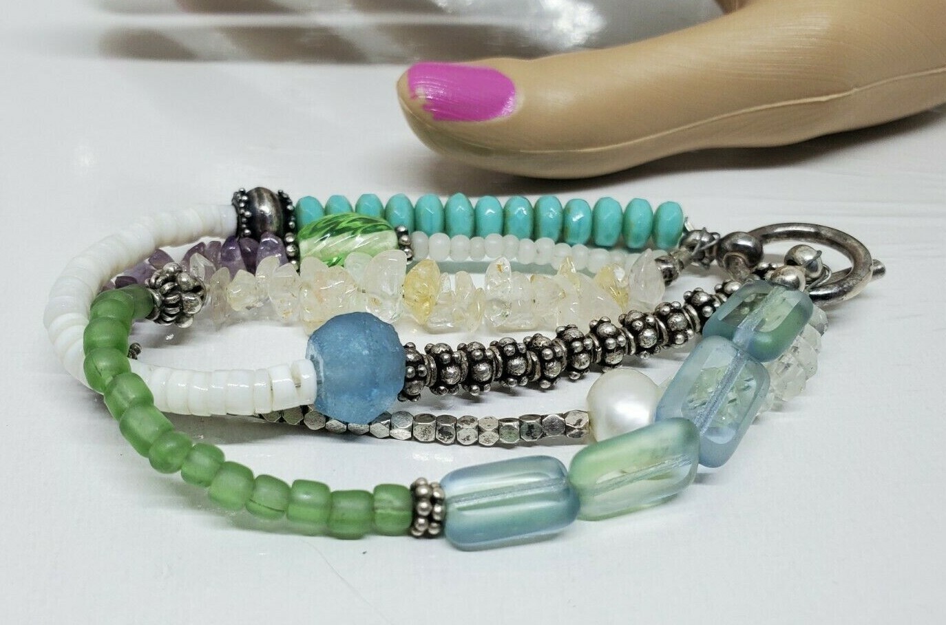 Multistone Teal Blue White Green Multibead Toggle Bracelet 7"