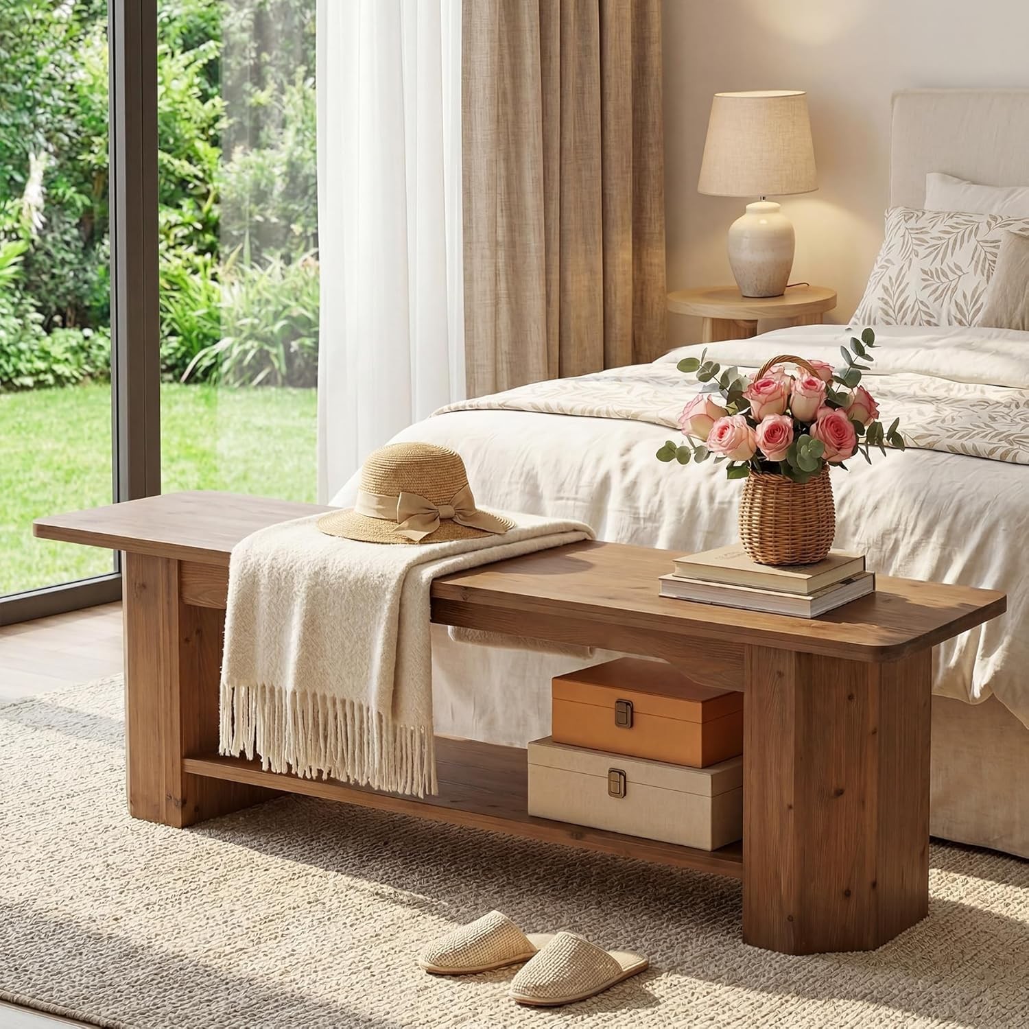 63 Inch Solid Wood Entryway Bench, Extra Long End of Bed Bench with Open Shelves