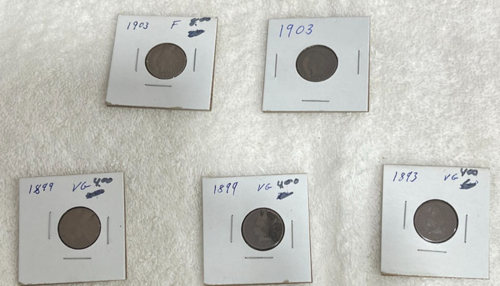 Lot of 5 Indian Head Pennies From 1893 to 1903-Conditions vary.