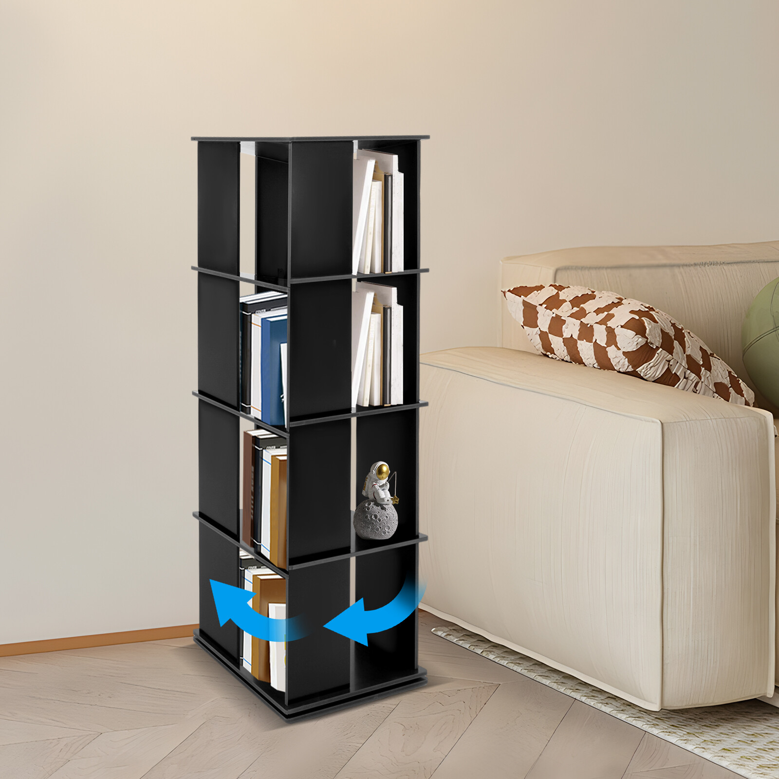 Black Bookcase Storage Shelf 360° Rotating Bookshelf Freestanding Display Rack