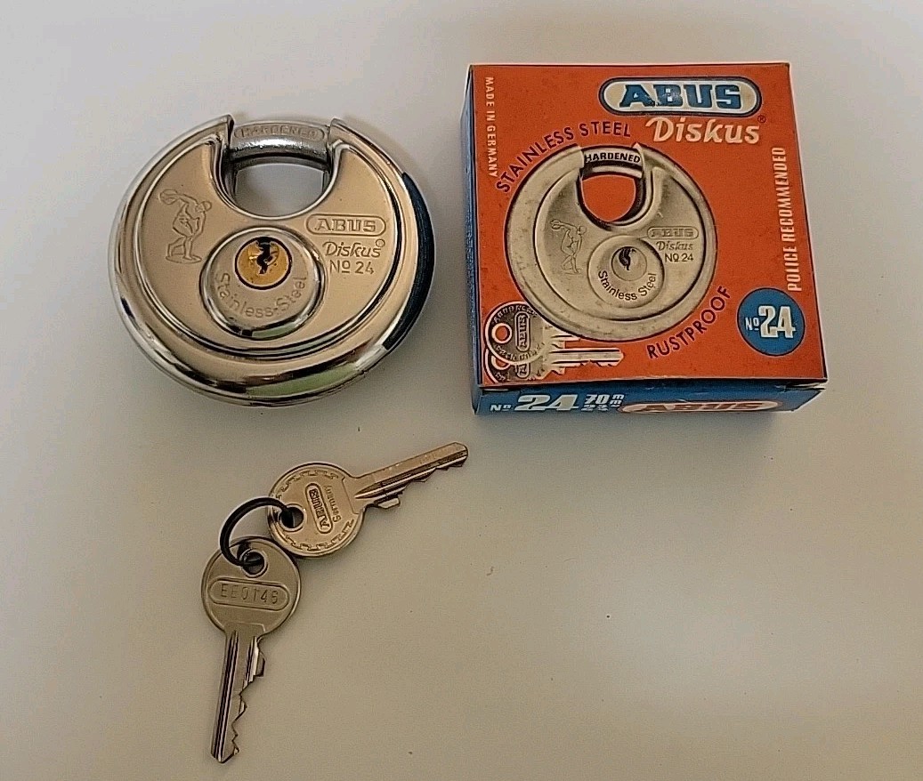 Vintage ABUS #24 Diskus Round padlock Hardened Stainless Steel NEW IN BOX Same #
