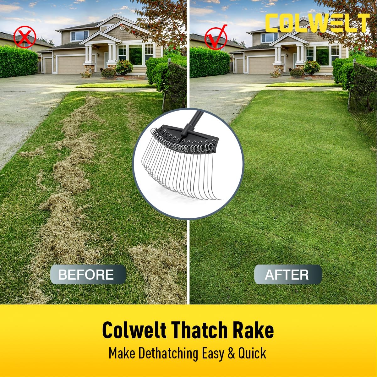 Best Colwelt Thatch Rake, Dethatcher Rake with Thin, Curved Spring Steel Tines