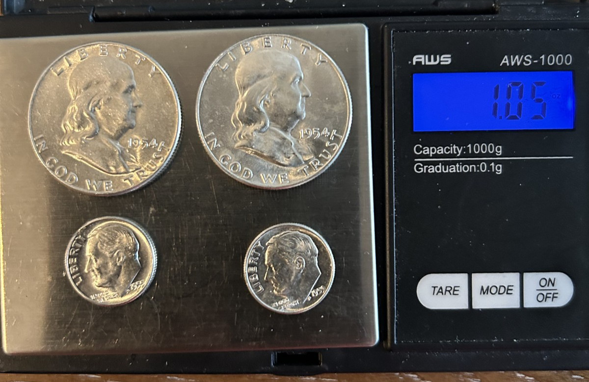 1954-P, D Franklin Half Dollar FBL BU, 2- 1959 BU Dime+1908 1c Franklin stamp.
