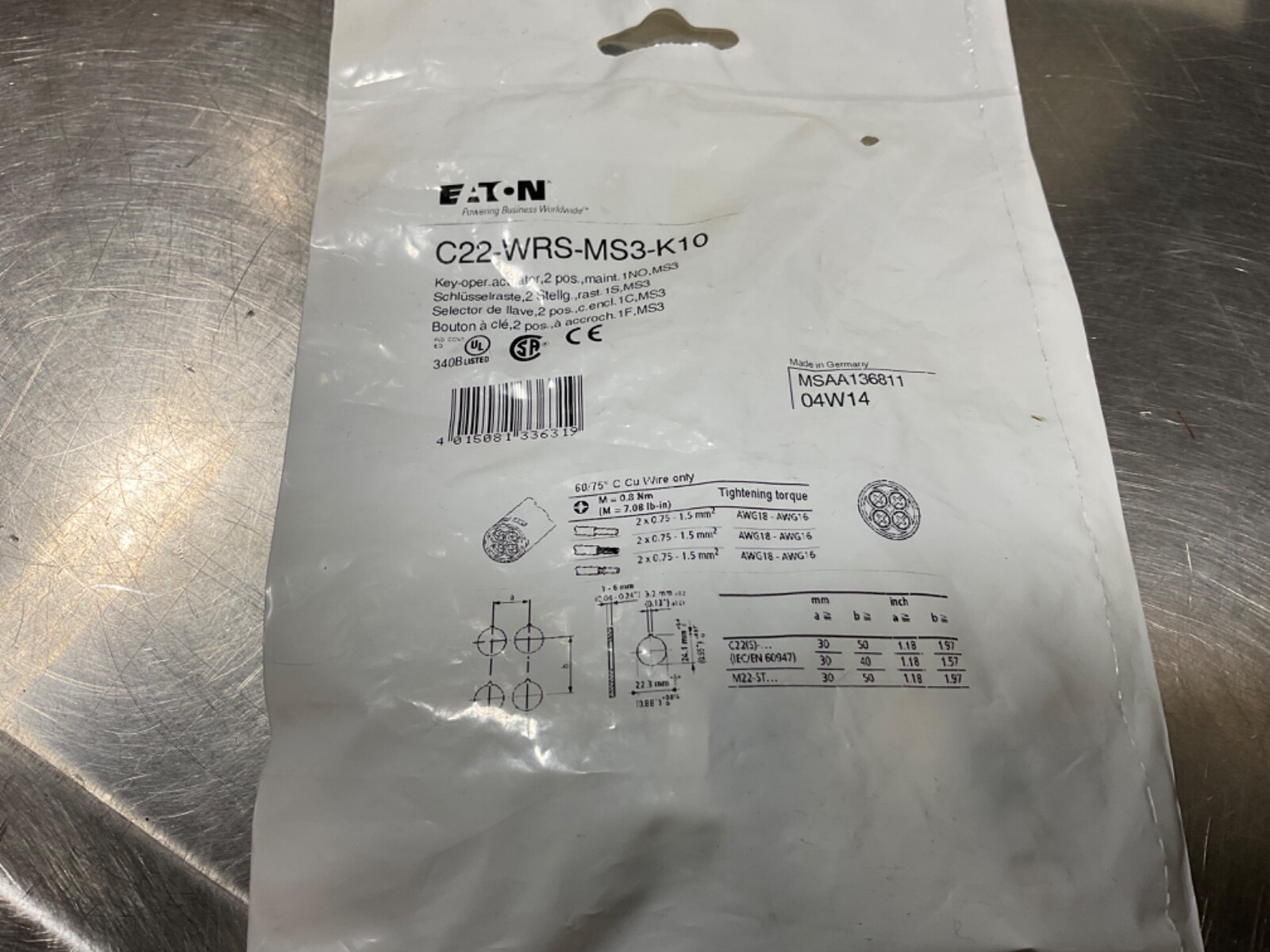 Eaton C22-WRS-MS3-K10 Selector Switch NEW