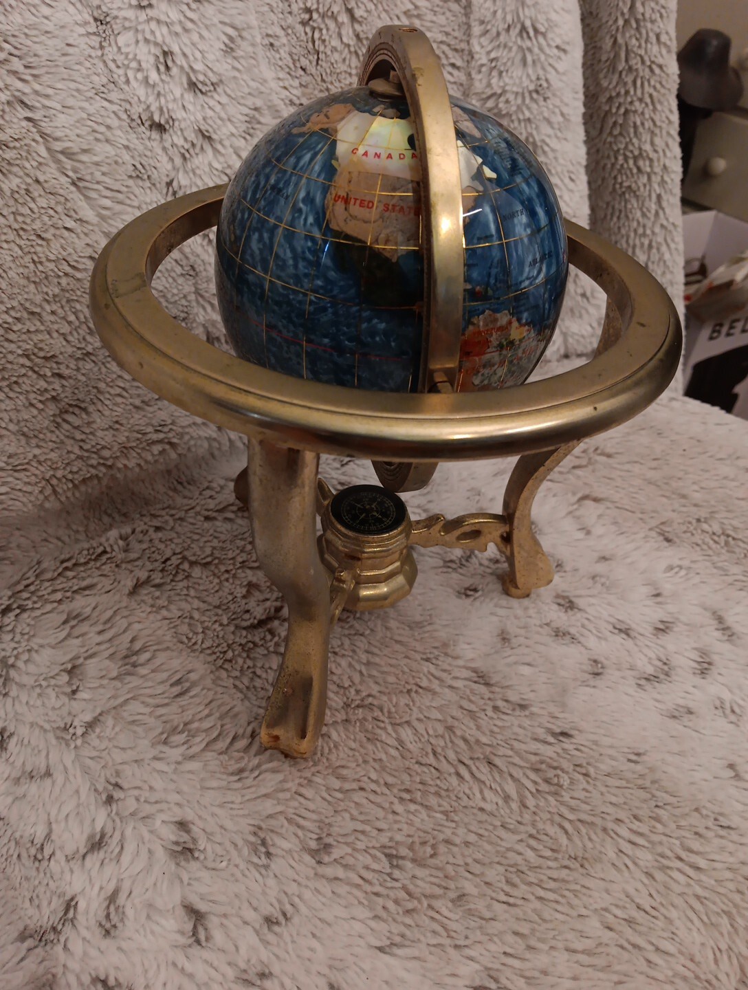 Gemstone Inlay Tabletop World Globe With Brass Frame & Compass 9" Tall