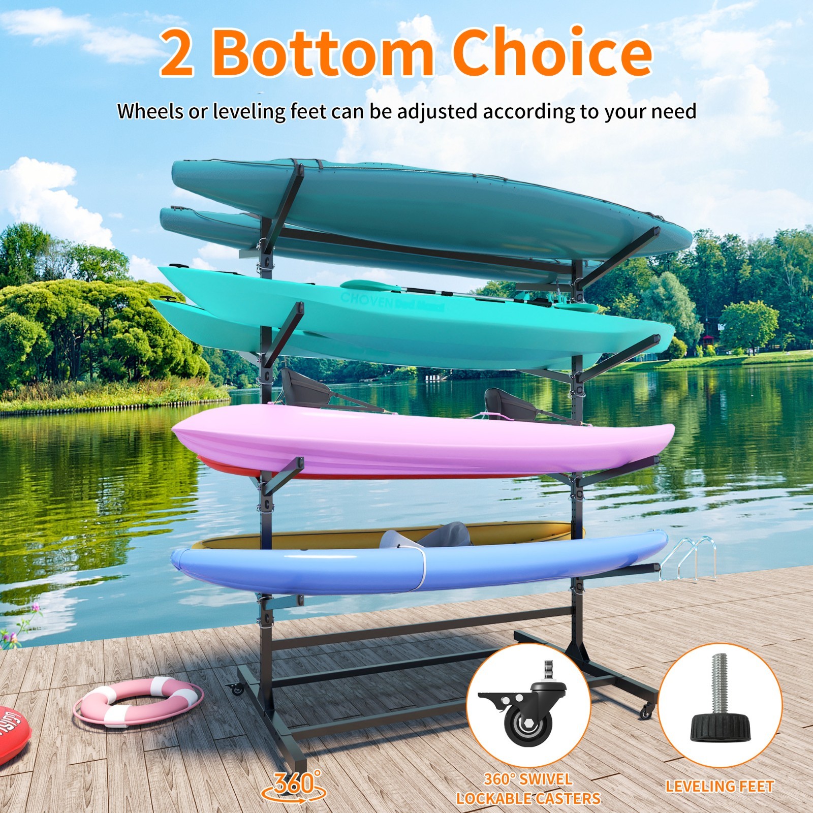 Heavy Duty 8-Kayak Freestanding Rack with Wheels, Adjustable 82"H