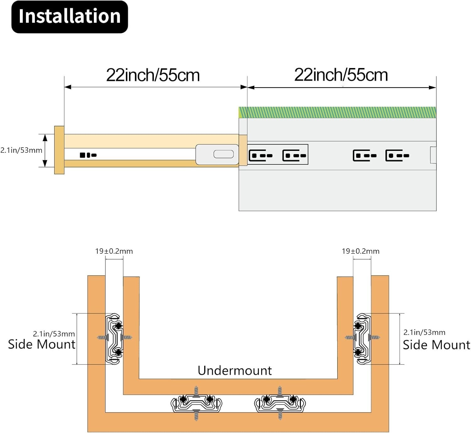 Undermount Drawer Slides 22in 260lb Capacity
