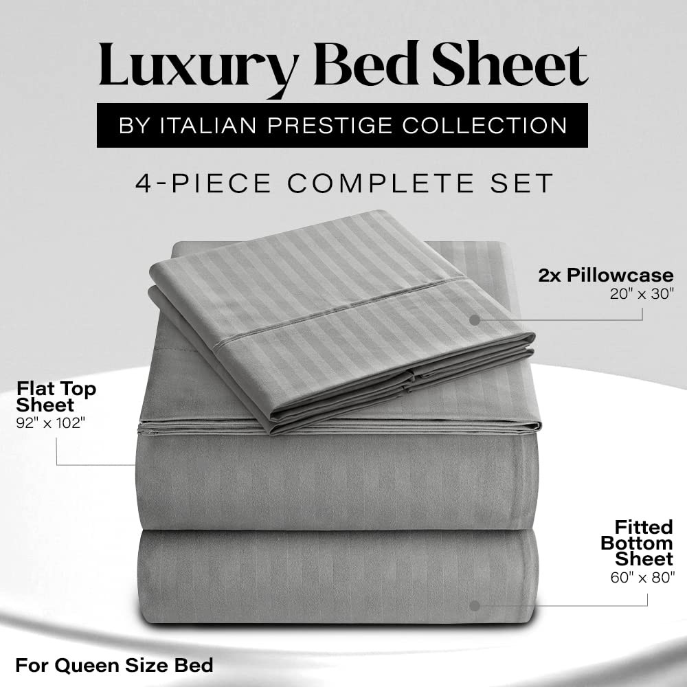 Queen Sheet Set - 4-Piece Striped Queen Size Bed Sheets - Soft & Cooling Deep...