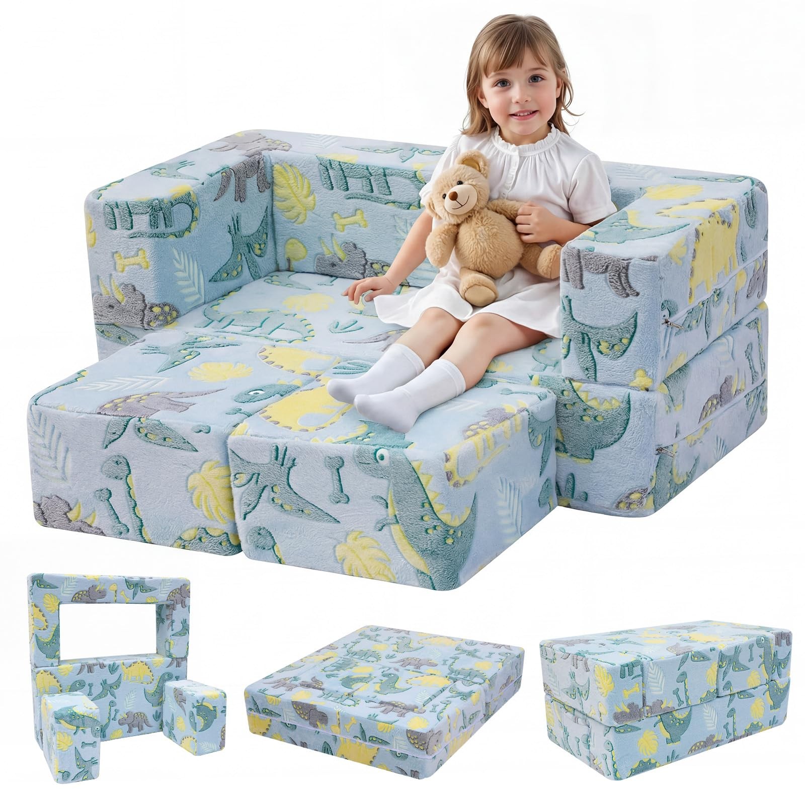 Glow-in-the-Dark Dinosaur Kids Loveseat - Modular Toddler Play Couch that Fol...