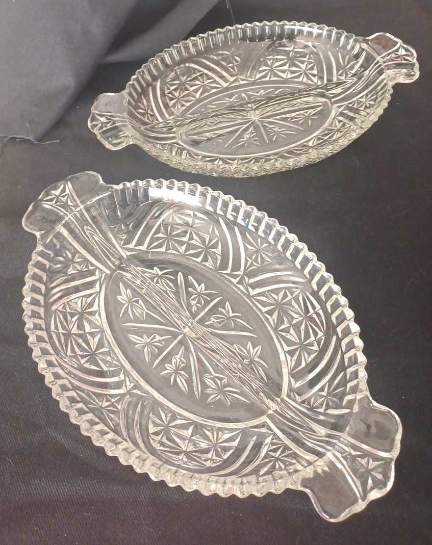 Vintage Crystal Cut Glass Divided Dish 2 Scallop Edge Candy Pickle Trinket 1268