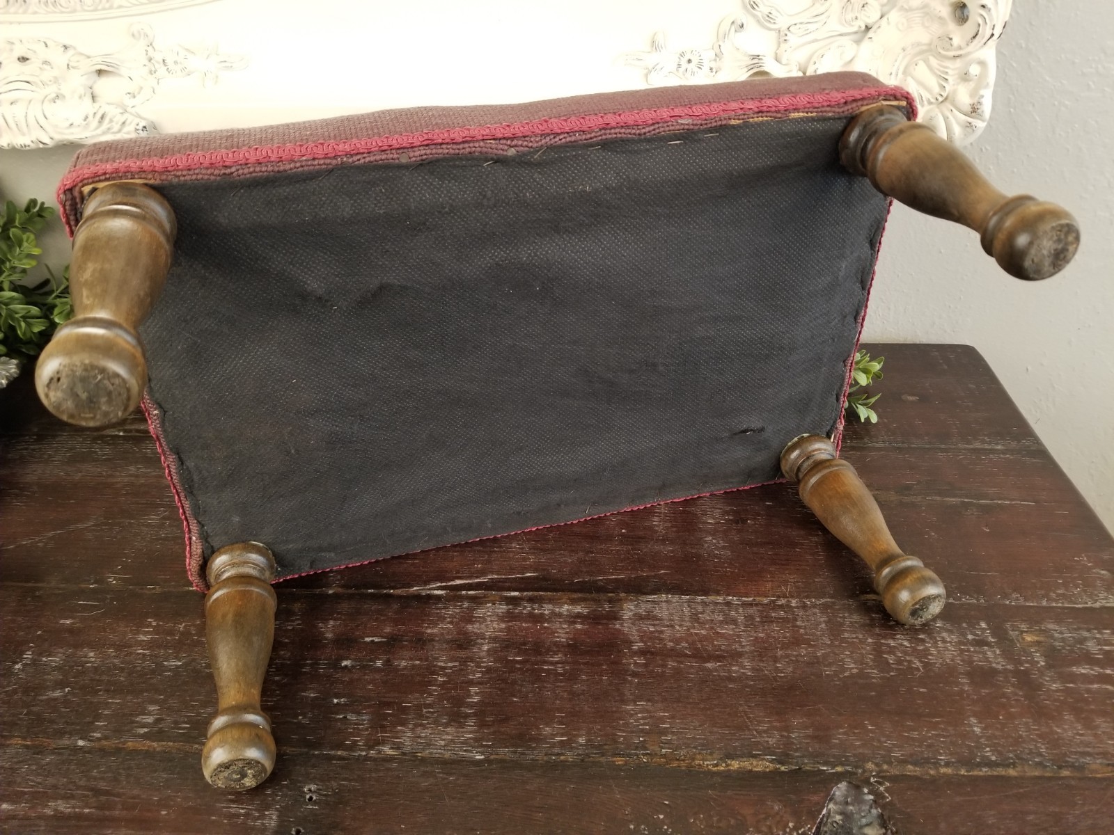 Antique Early 1900's Floral & Rose Needlepoint Wooden Footstool in Deep Mauve