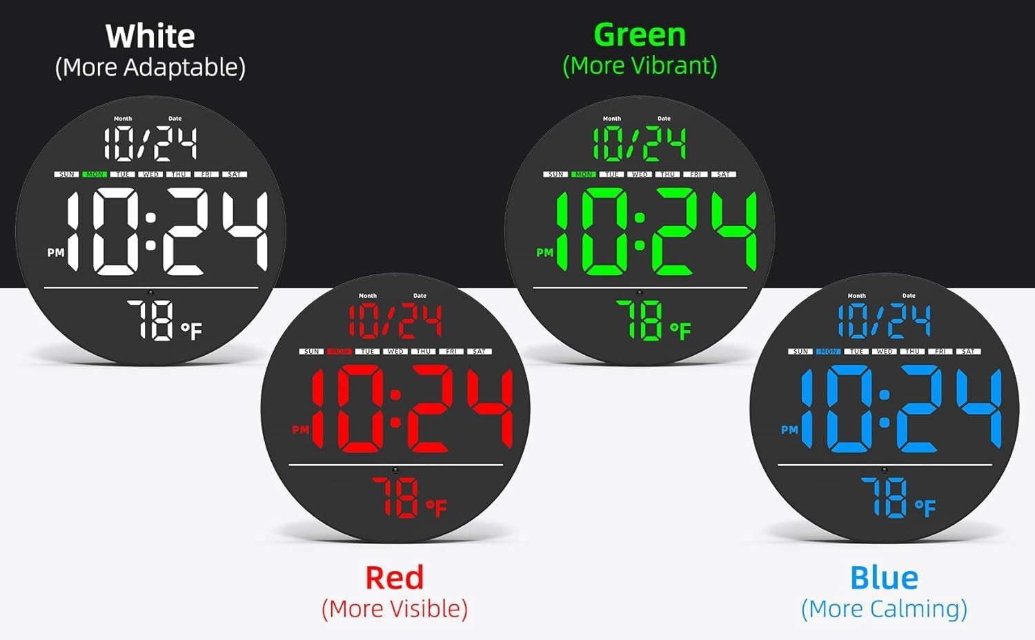 Digital LED Wall Clock w/ Large Display, Date, Temp, Auto-Brightness - 80 Charac