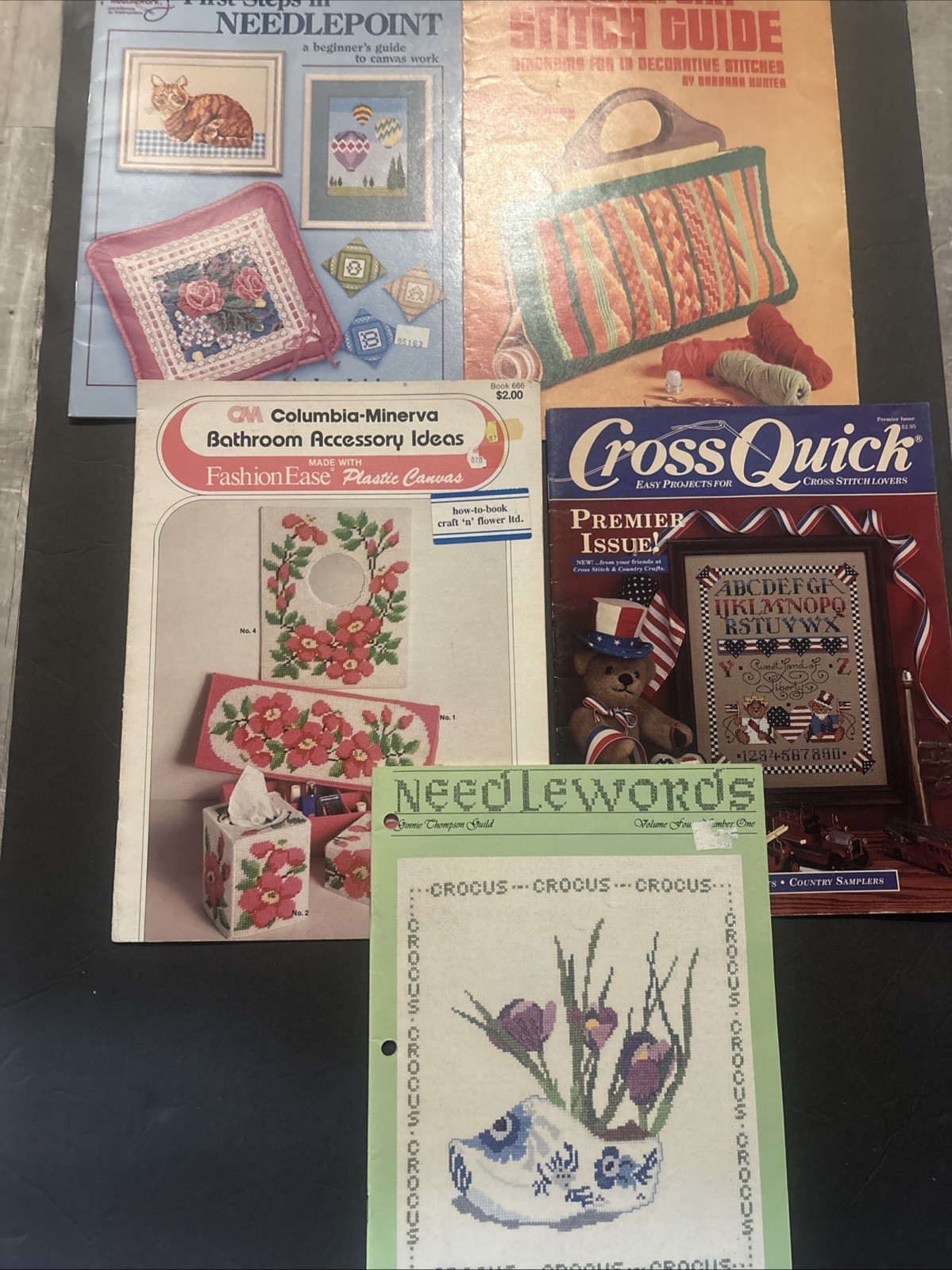 Lot Of 5 Vintage Plastic Canvas Needlepoint Cross Stitch Booklet Leaflet Pattern