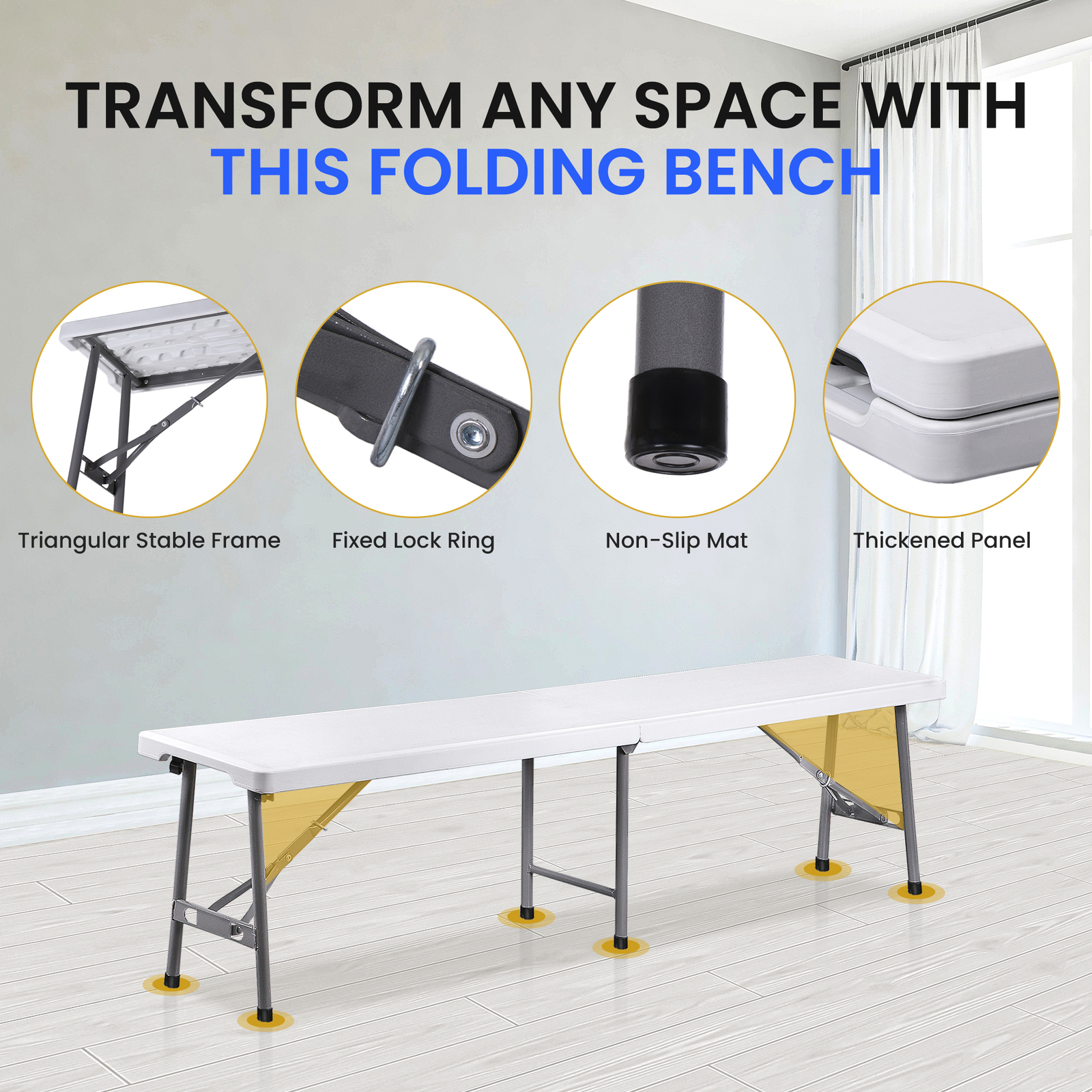 Folding Bench 6FT Plastic Folding Bench with Handles for Party Camping Picnic
