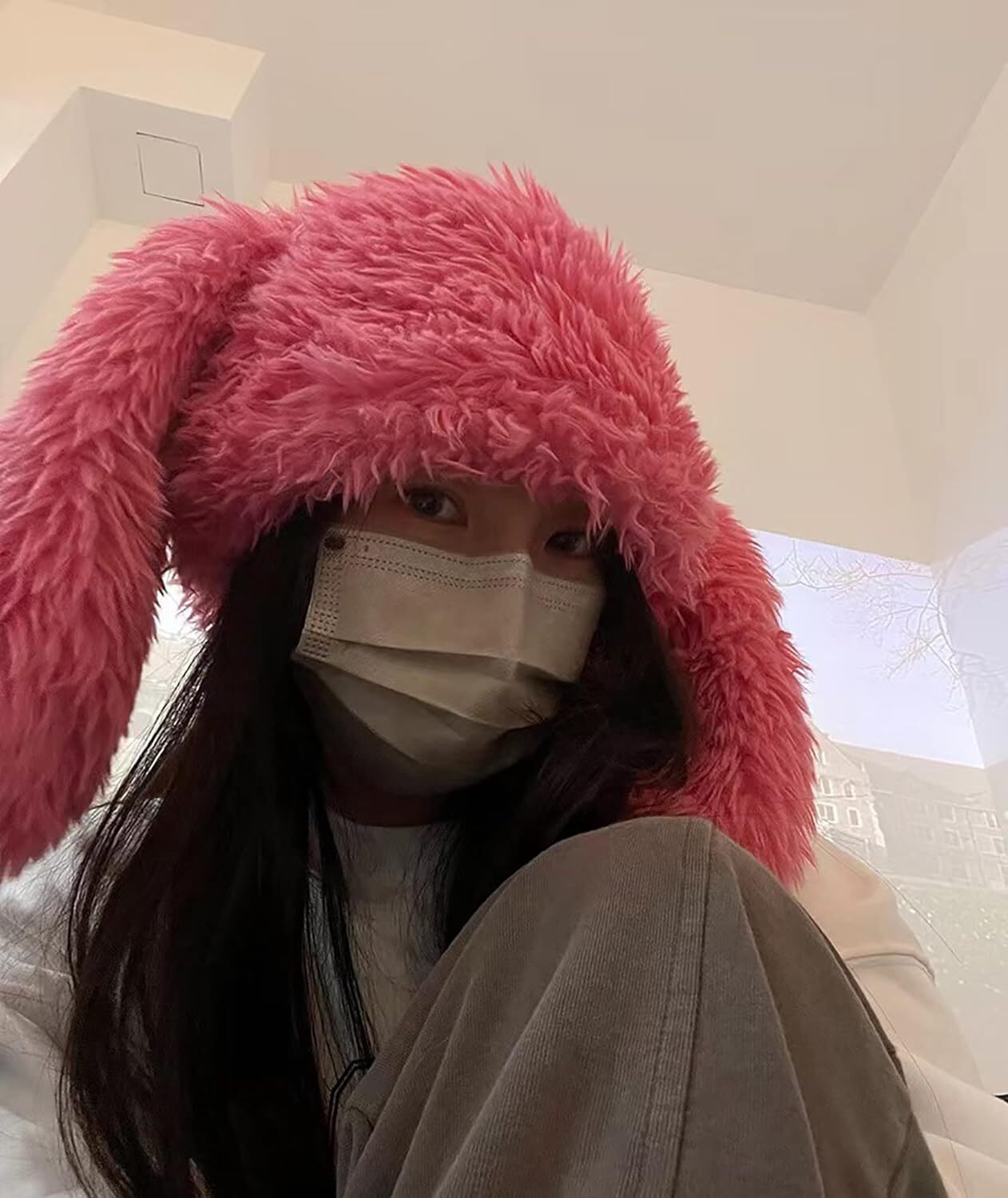 Women's Girls Fuzzy Bunny Hat Cute Plush Beanie with Bunny Ears Long Rabbit Ears