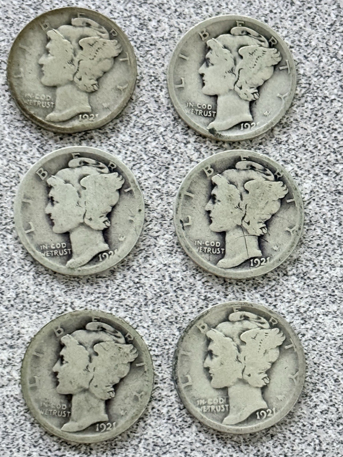1921 P Mercury Silver Dimes, Lot of 6, semi-key date, free shipping