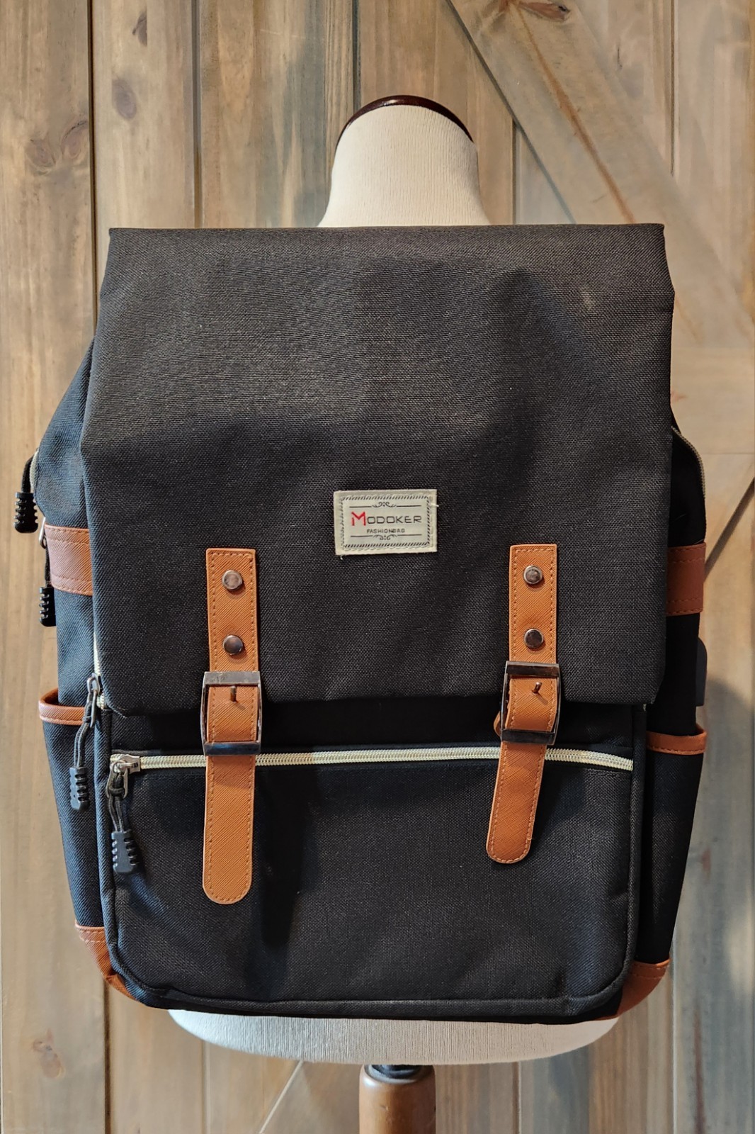 Modoker Backpack Black Pockets Adjustable Strap Laptop Bag Buckles Fashionbag