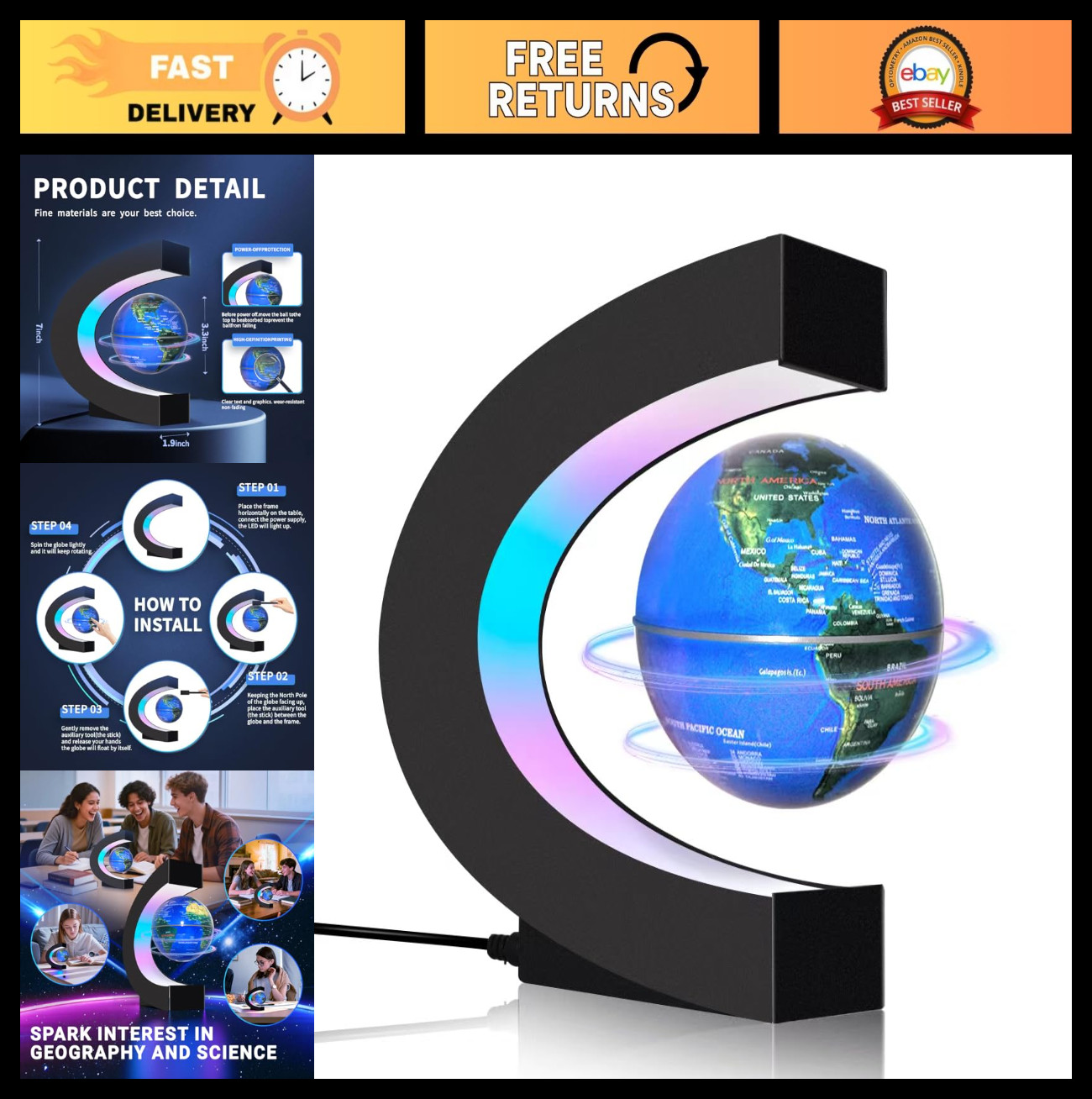 Magnetic Floating Globe with LED Lights - Unique Tech Gift for Men, Teens & Home