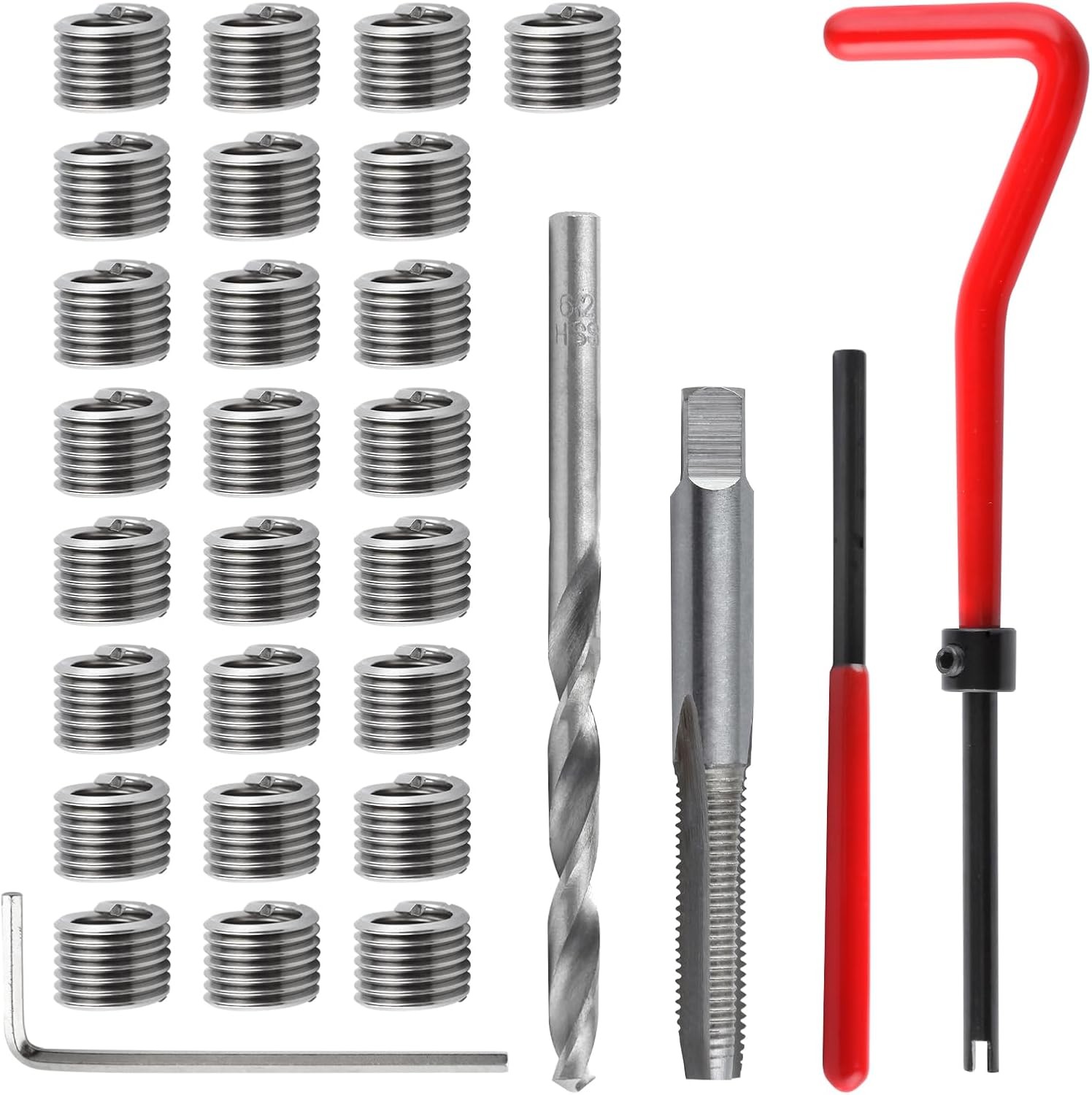 30 Piece M6 x 1.0mm Thread Repair Kit, HSS Drill Helicoil x 1.0mm, Red